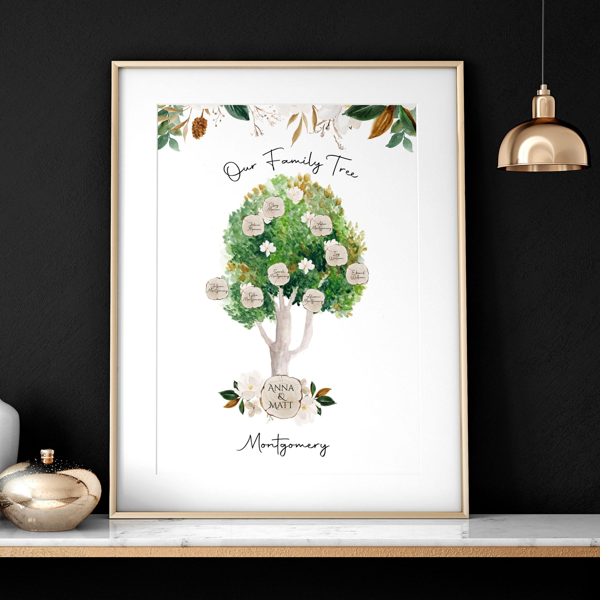 Personalised family tree wall art print featuring a watercolour design with spaces for family member names, ideal for home decor.