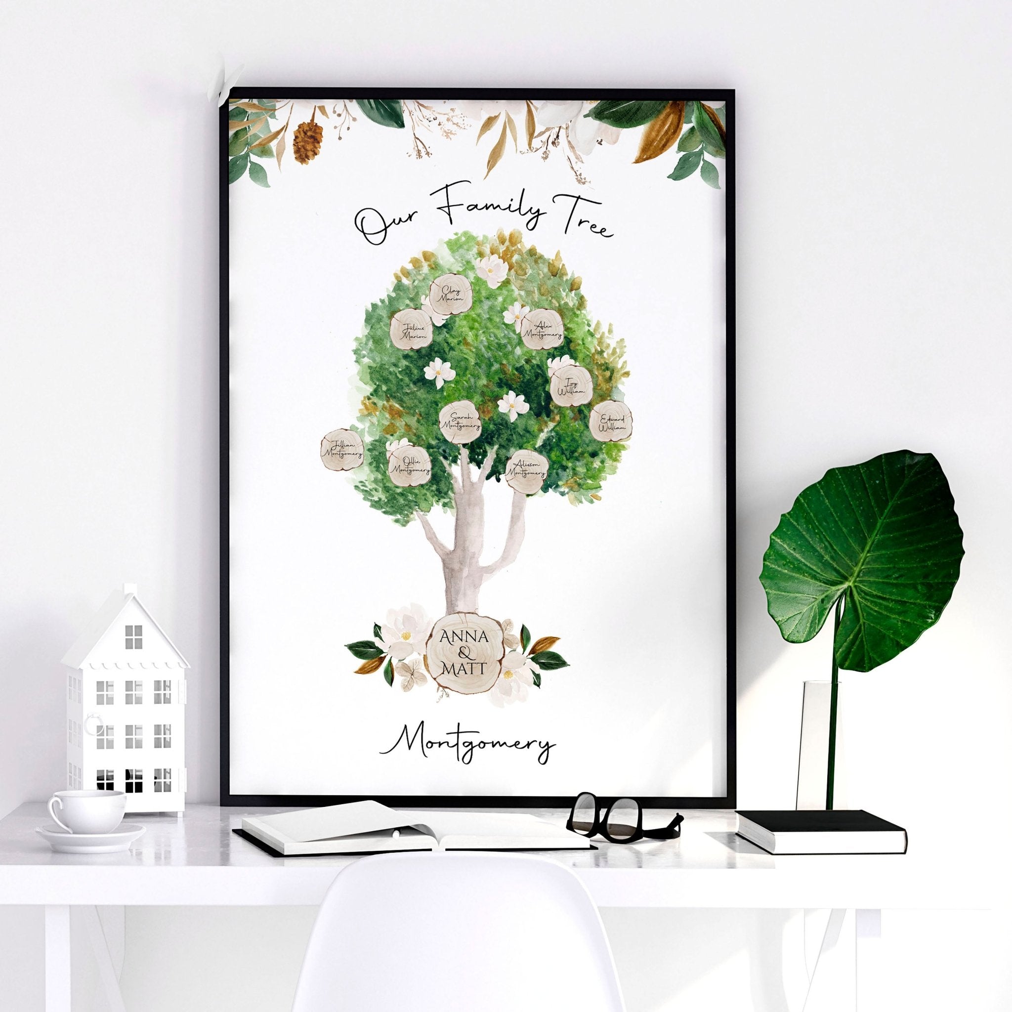 Personalised family tree wall art print featuring a watercolour design with spaces for family member names, ideal for home decor.