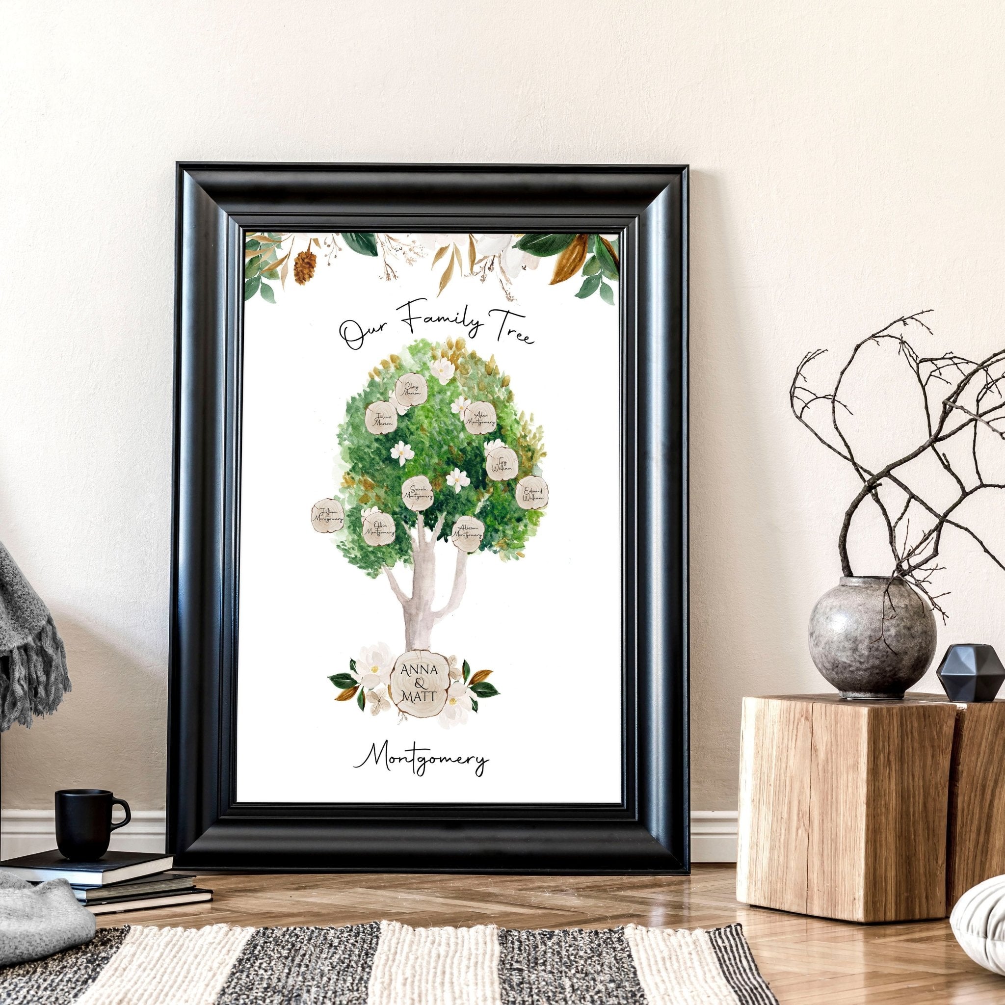 Personalised family tree wall art print featuring a watercolour design with spaces for family member names, ideal for home decor.