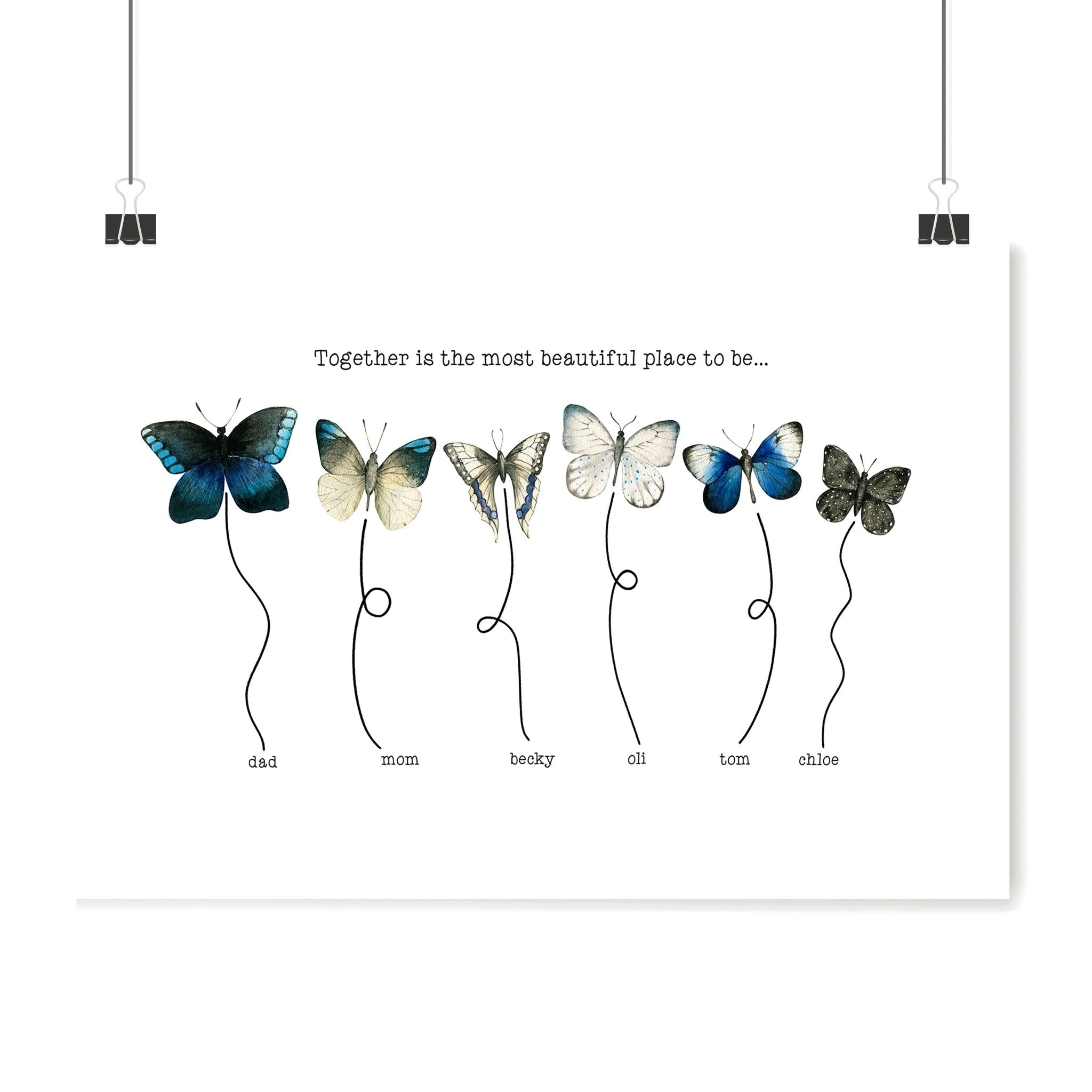 A vibrant Watercolour Butterflies family wall art print featuring delicate butterflies and customizable family names, perfect for home decor.