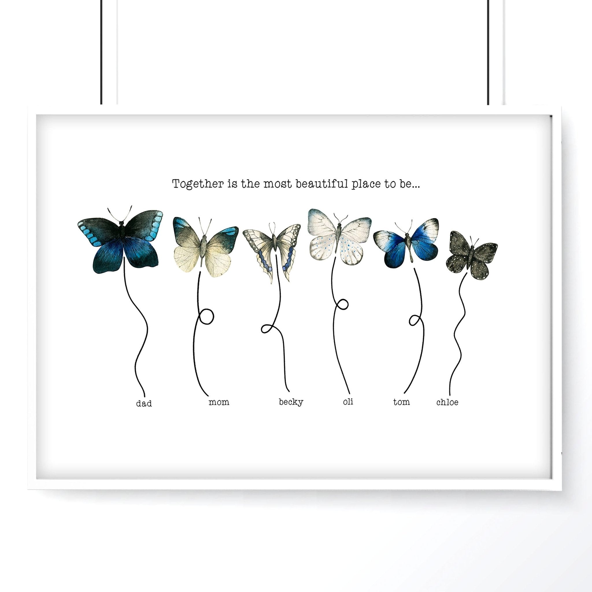 A vibrant Watercolour Butterflies family wall art print featuring delicate butterflies and customizable family names, perfect for home decor.