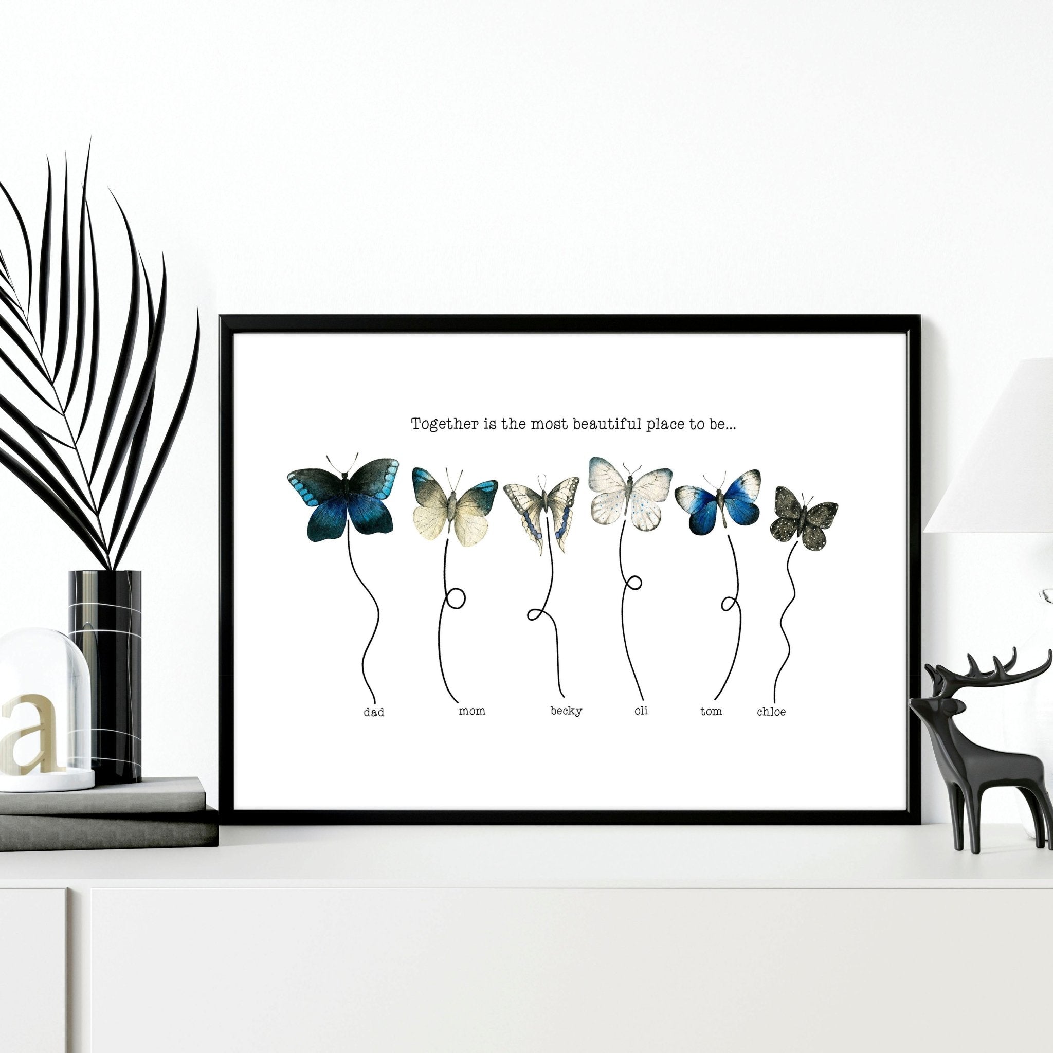 A vibrant Watercolour Butterflies family wall art print featuring delicate butterflies and customizable family names, perfect for home decor.