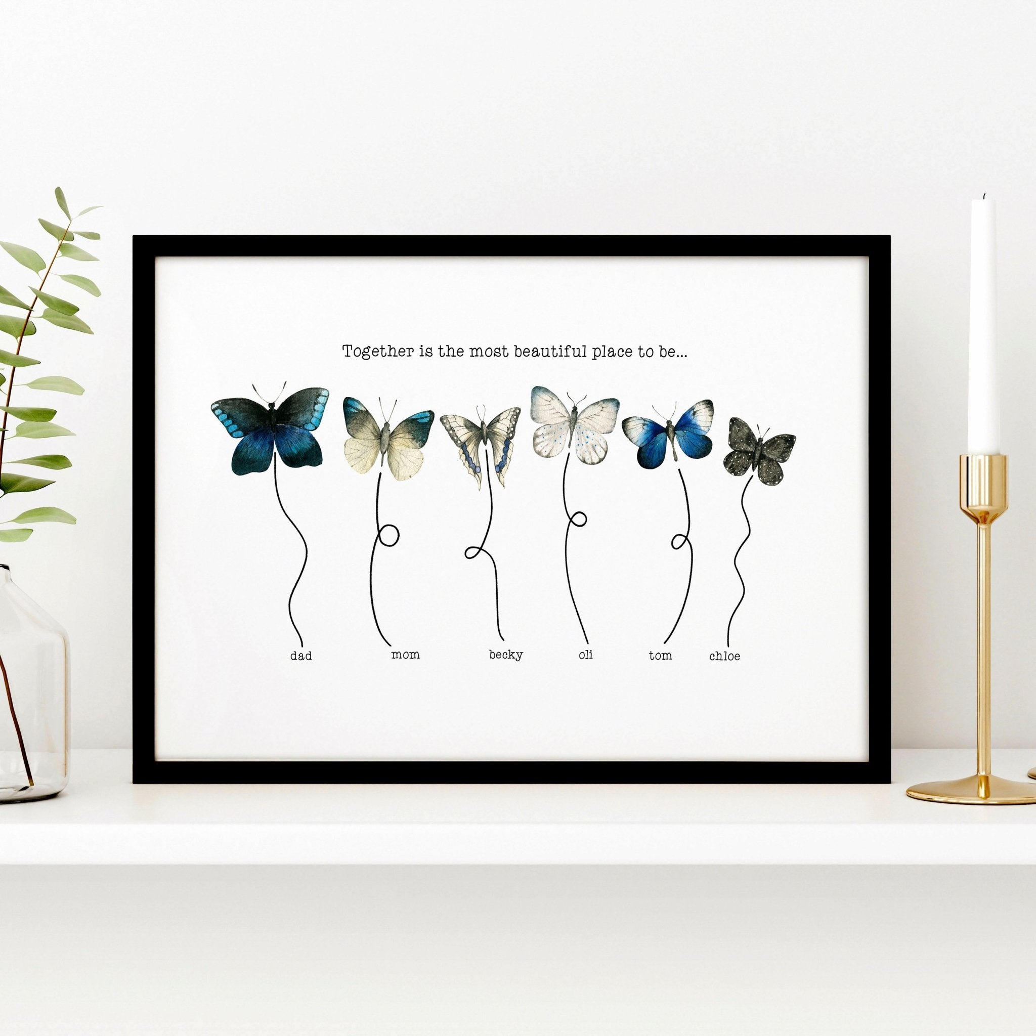 A vibrant Watercolour Butterflies family wall art print featuring delicate butterflies and customizable family names, perfect for home decor.