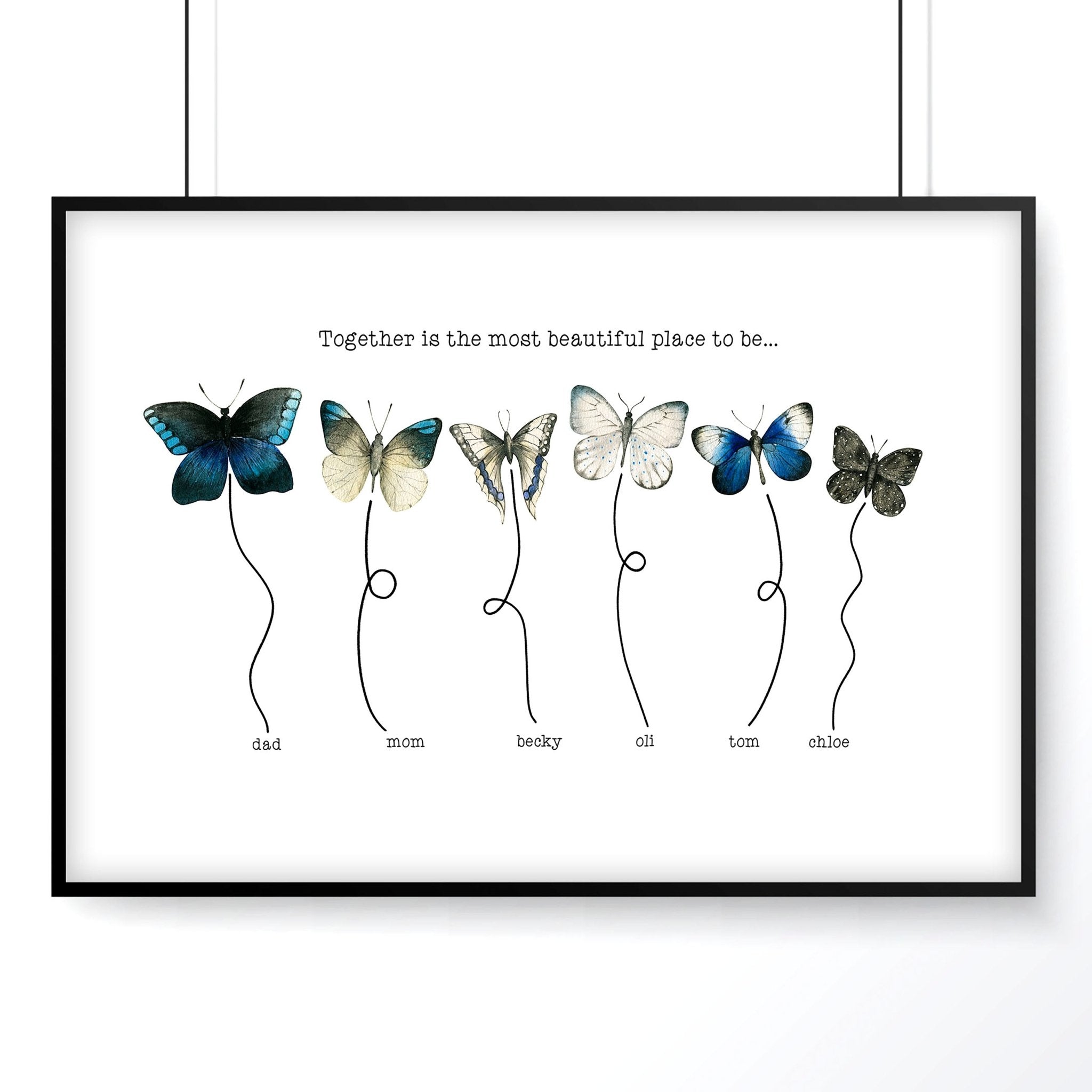 A vibrant Watercolour Butterflies family wall art print featuring delicate butterflies and customizable family names, perfect for home decor.