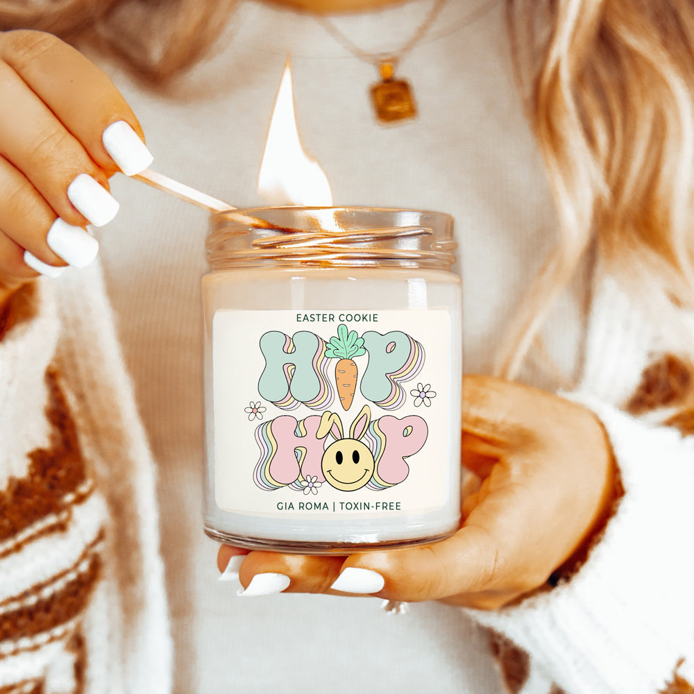 Easter Cookie Retro candle in a 9oz jar, featuring a nostalgic sugar cookie scent, with a cotton wick and natural soy blend wax.