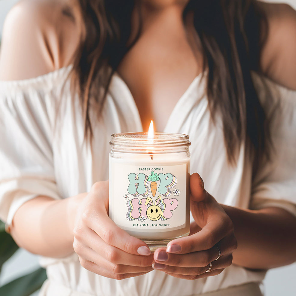 Easter Cookie Retro candle in a 9oz jar, featuring a nostalgic sugar cookie scent, with a cotton wick and natural soy blend wax.