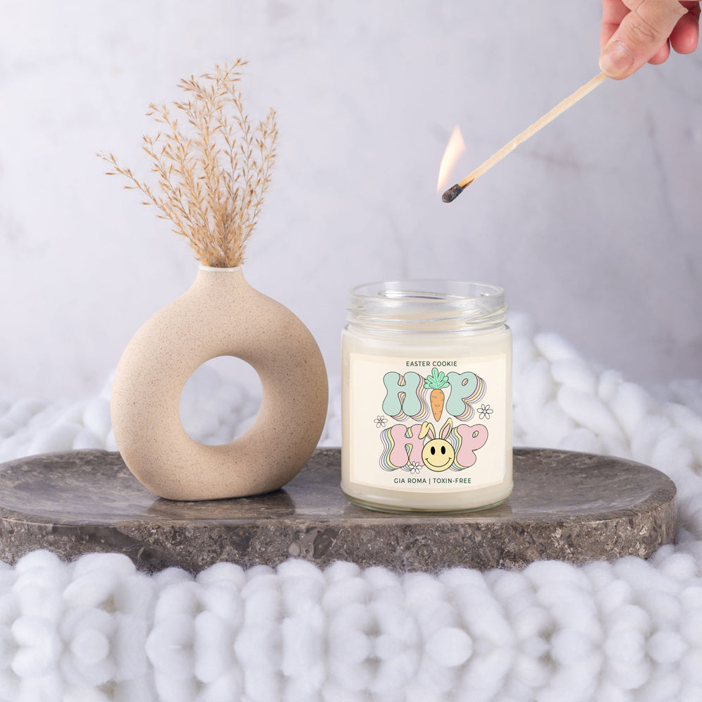 Easter Cookie Retro candle in a 9oz jar, featuring a nostalgic sugar cookie scent, with a cotton wick and natural soy blend wax.