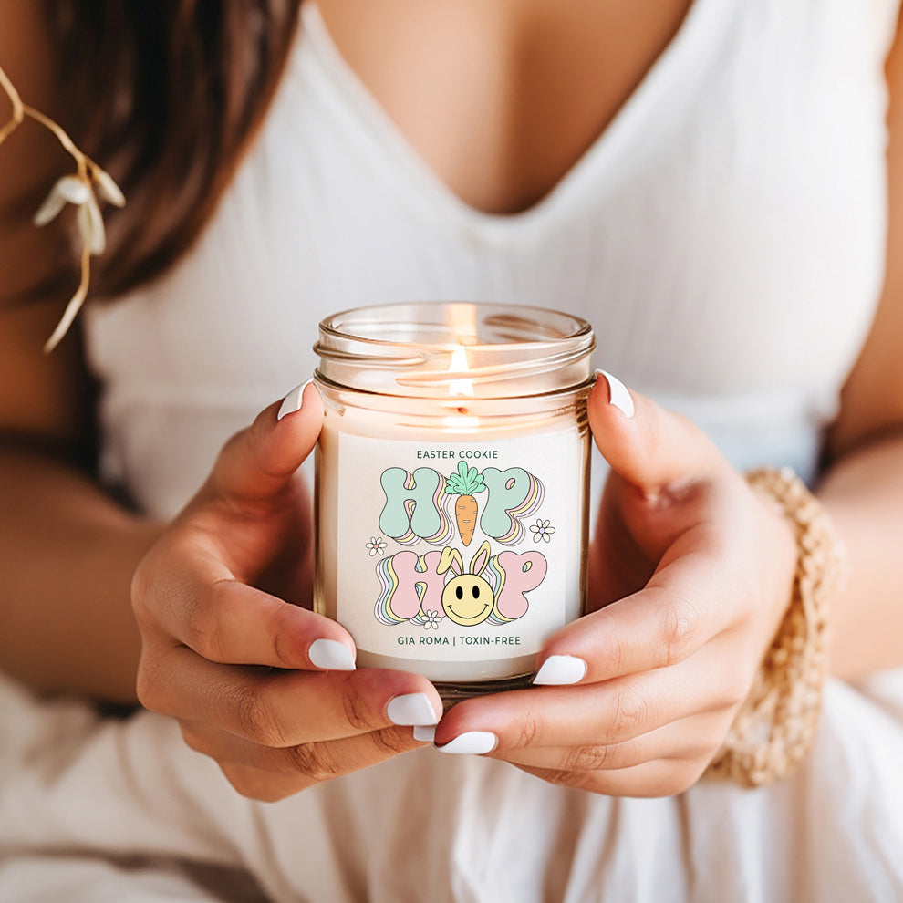 Easter Cookie Retro candle in a 9oz jar, featuring a nostalgic sugar cookie scent, with a cotton wick and natural soy blend wax.