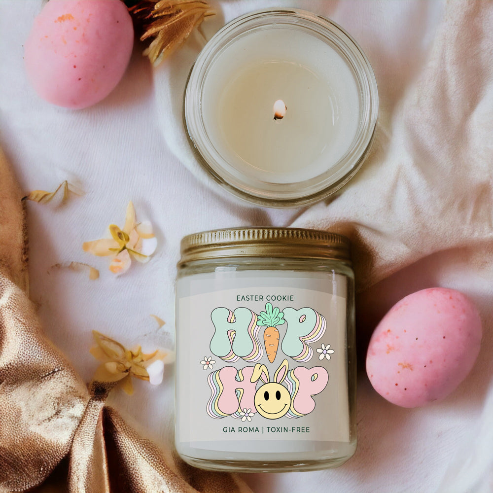 Easter Cookie Retro candle in a 9oz jar, featuring a nostalgic sugar cookie scent, with a cotton wick and natural soy blend wax.