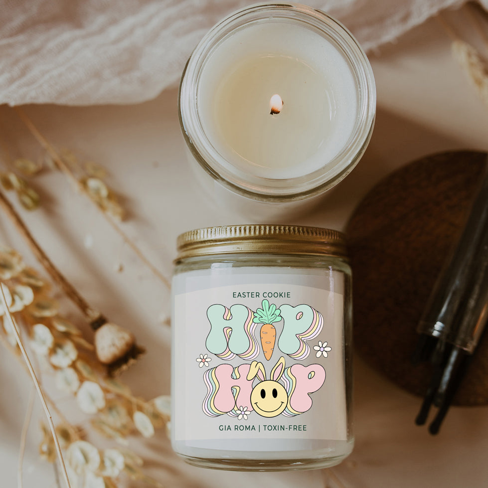 Easter Cookie Retro candle in a 9oz jar, featuring a nostalgic sugar cookie scent, with a cotton wick and natural soy blend wax.