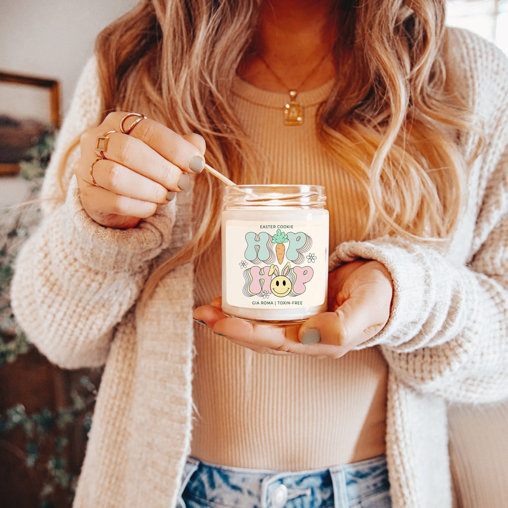 Easter Cookie Retro candle in a 9oz jar, featuring a nostalgic sugar cookie scent, with a cotton wick and natural soy blend wax.