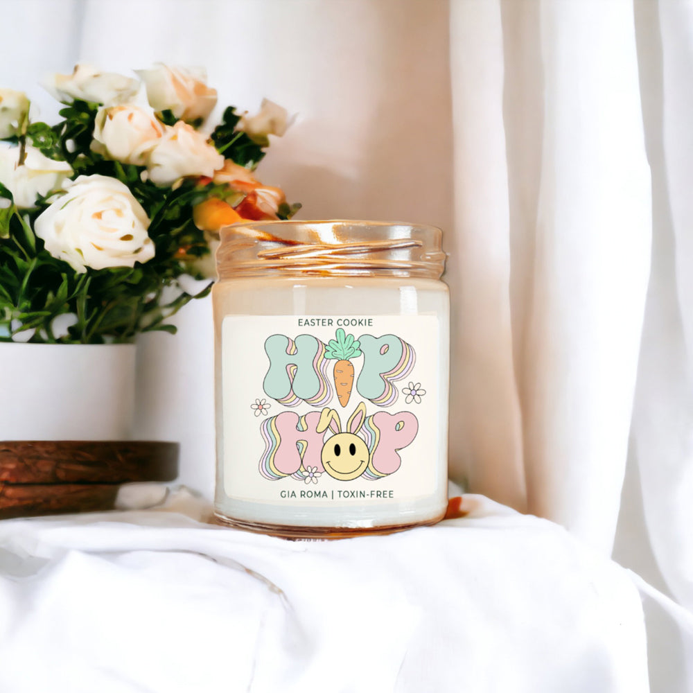 Easter Cookie Retro candle in a 9oz jar, featuring a nostalgic sugar cookie scent, with a cotton wick and natural soy blend wax.