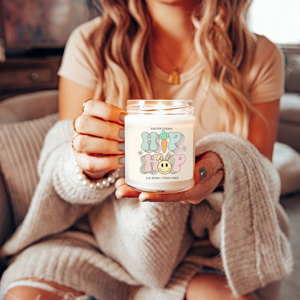 Easter Cookie Retro candle in a 9oz jar, featuring a nostalgic sugar cookie scent, with a cotton wick and natural soy blend wax.