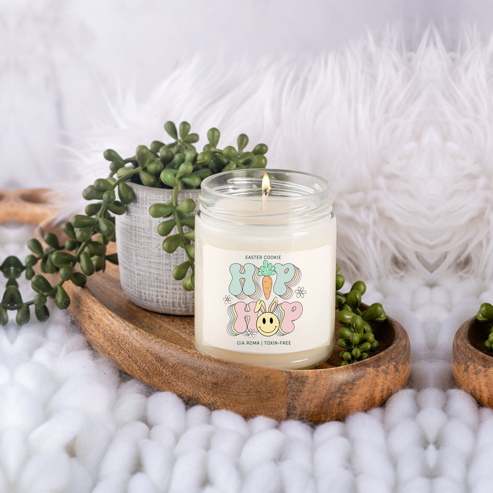 Easter Cookie Retro candle in a 9oz jar, featuring a nostalgic sugar cookie scent, with a cotton wick and natural soy blend wax.