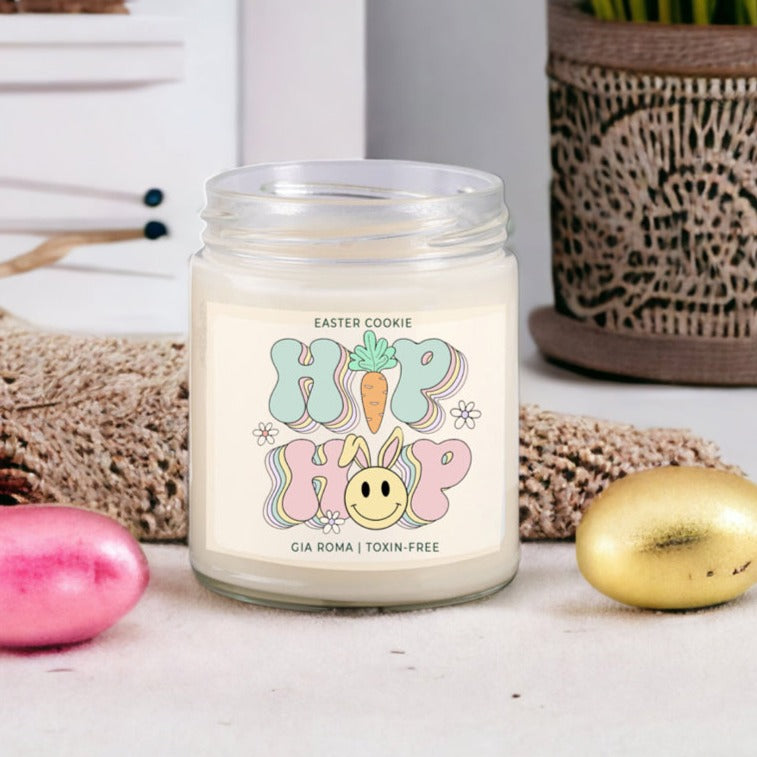 Easter Cookie Retro candle in a 9oz jar, featuring a nostalgic sugar cookie scent, with a cotton wick and natural soy blend wax.