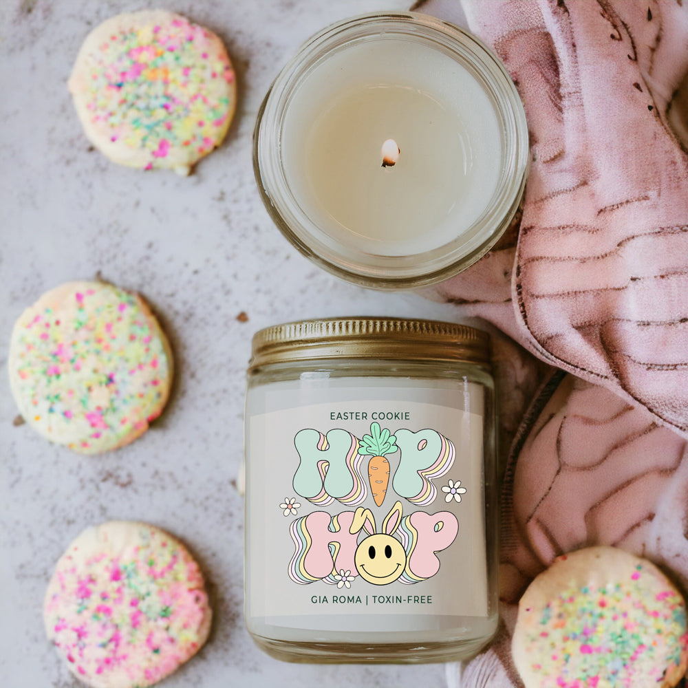 Easter Cookie Retro candle in a 9oz jar, featuring a nostalgic sugar cookie scent, with a cotton wick and natural soy blend wax.