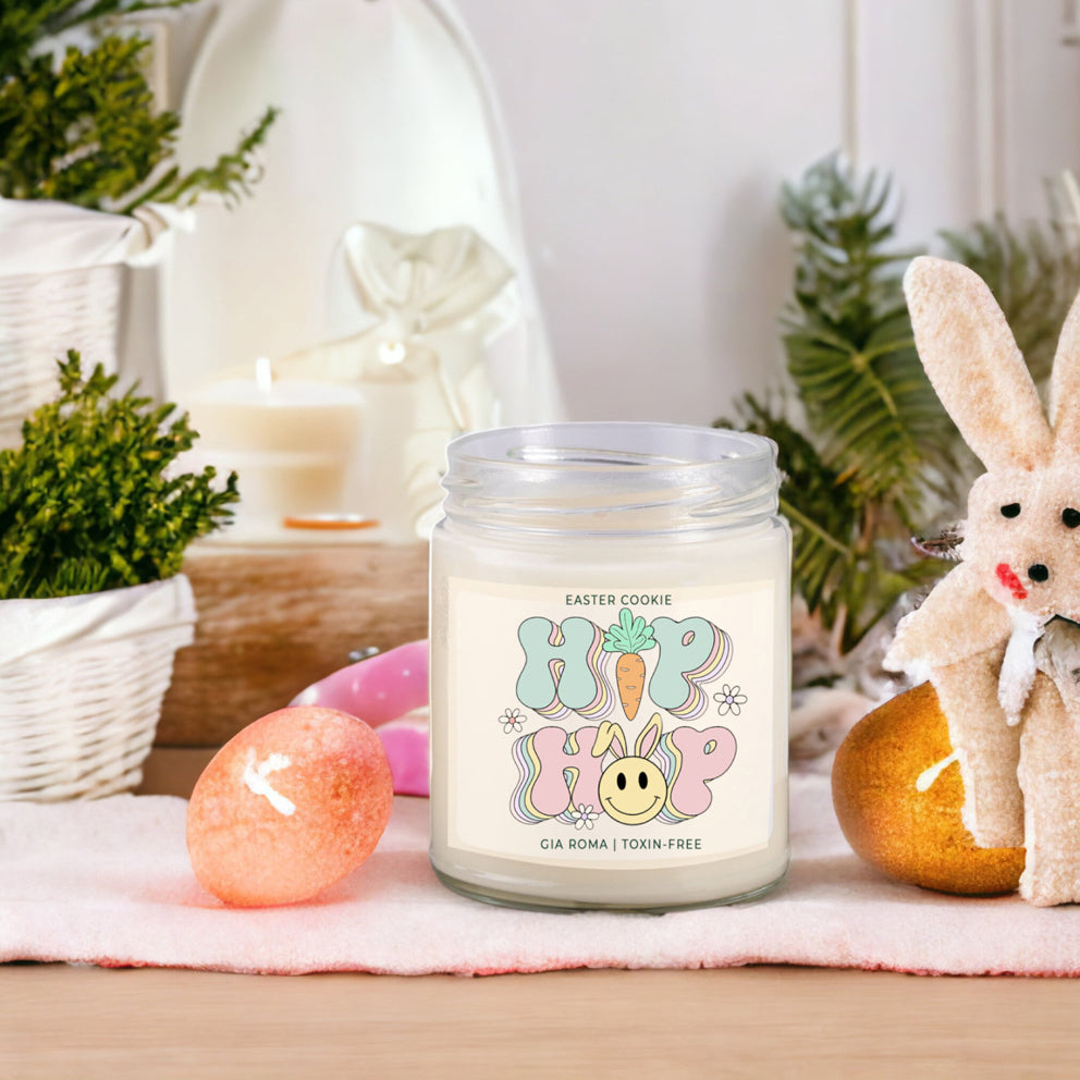 Easter Cookie Retro candle in a 9oz jar, featuring a nostalgic sugar cookie scent, with a cotton wick and natural soy blend wax.