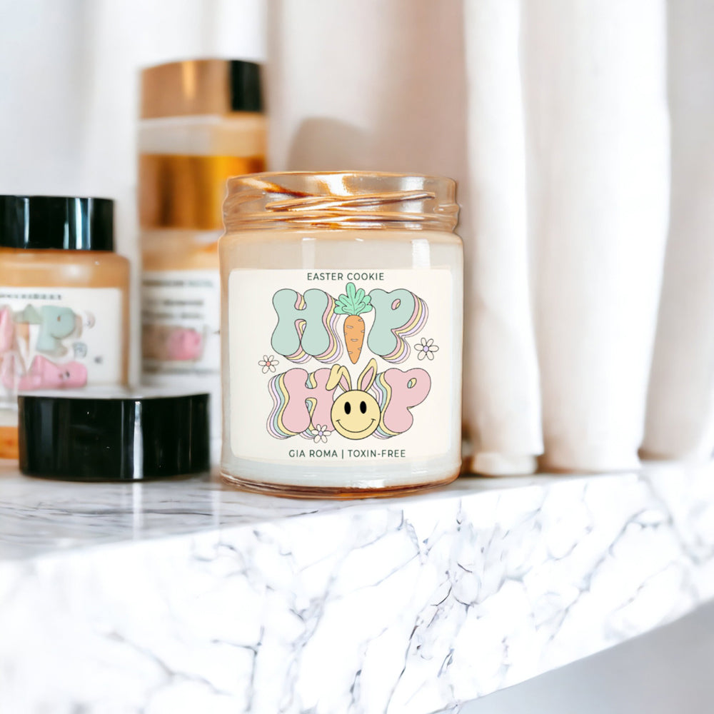 Easter Cookie Retro candle in a 9oz jar, featuring a nostalgic sugar cookie scent, with a cotton wick and natural soy blend wax.