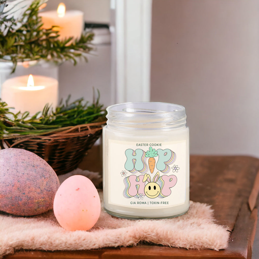 Easter Cookie Retro candle in a 9oz jar, featuring a nostalgic sugar cookie scent, with a cotton wick and natural soy blend wax.