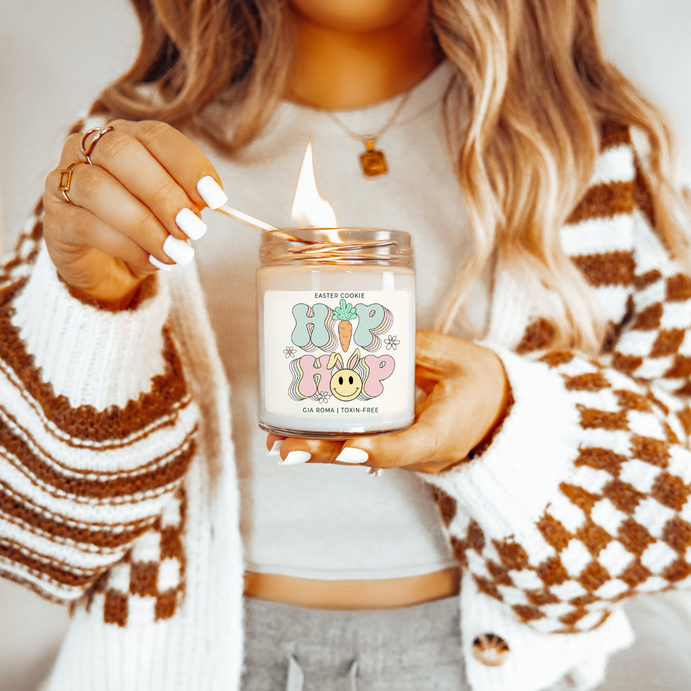 Easter Cookie Retro candle in a 9oz jar, featuring a nostalgic sugar cookie scent, with a cotton wick and natural soy blend wax.