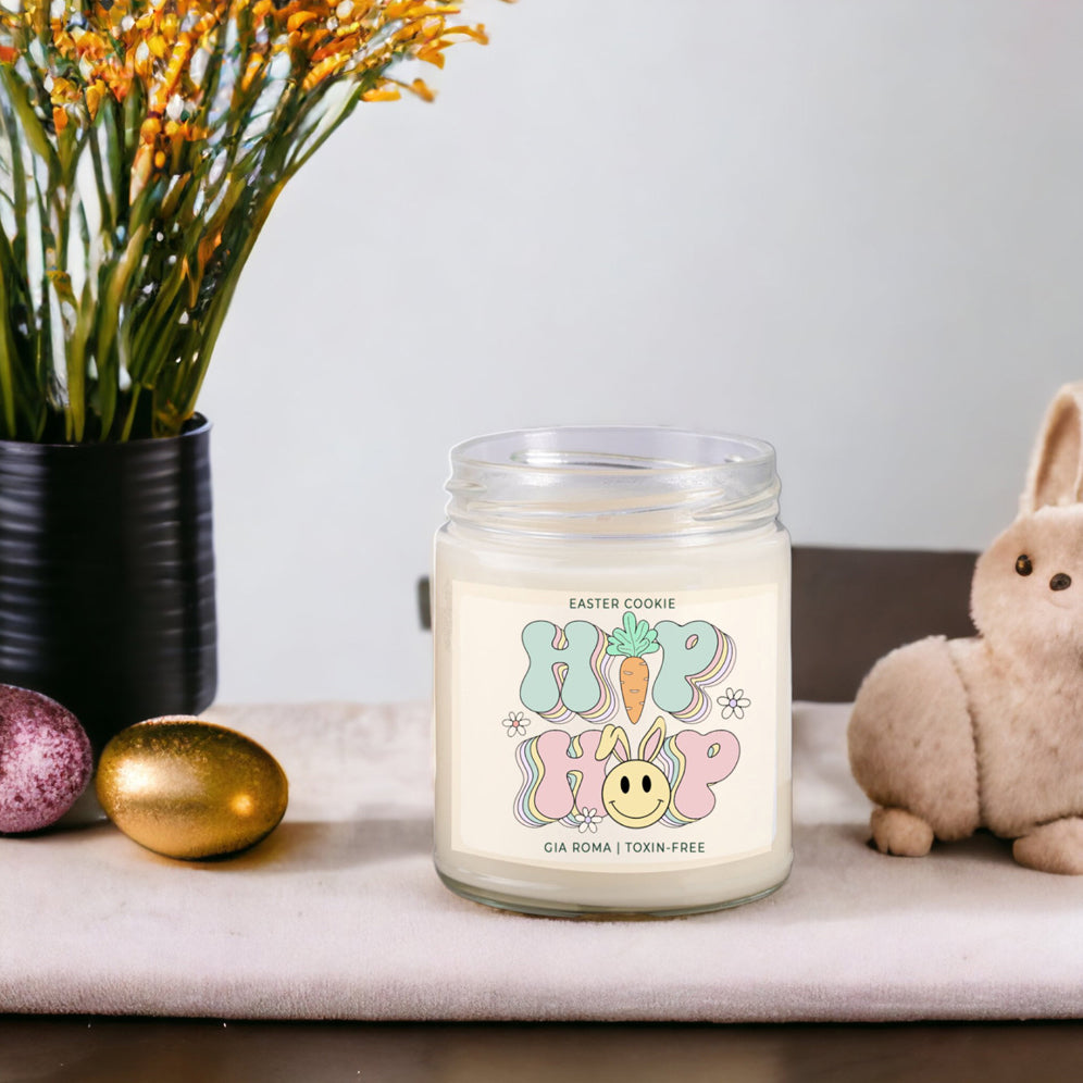 Easter Cookie Retro candle in a 9oz jar, featuring a nostalgic sugar cookie scent, with a cotton wick and natural soy blend wax.