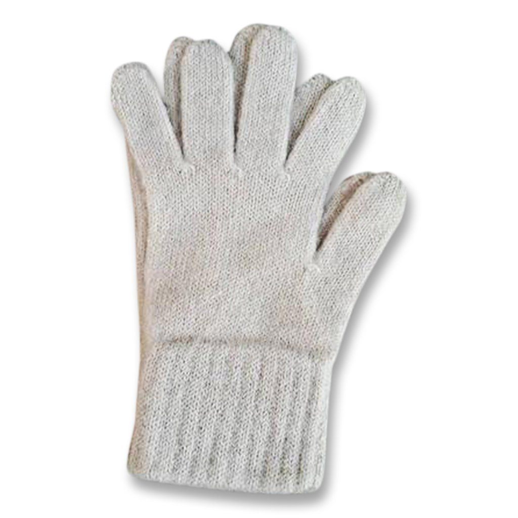 A pair of warm, soft Alpaca Work/Play Gloves in natural colors including Charcoal Grey, Carhart Brown, and Light Camel/Fawn, showcasing their cozy design.