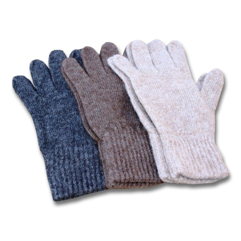 A pair of warm, soft Alpaca Work/Play Gloves in natural colors including Charcoal Grey, Carhart Brown, and Light Camel/Fawn, showcasing their cozy design.