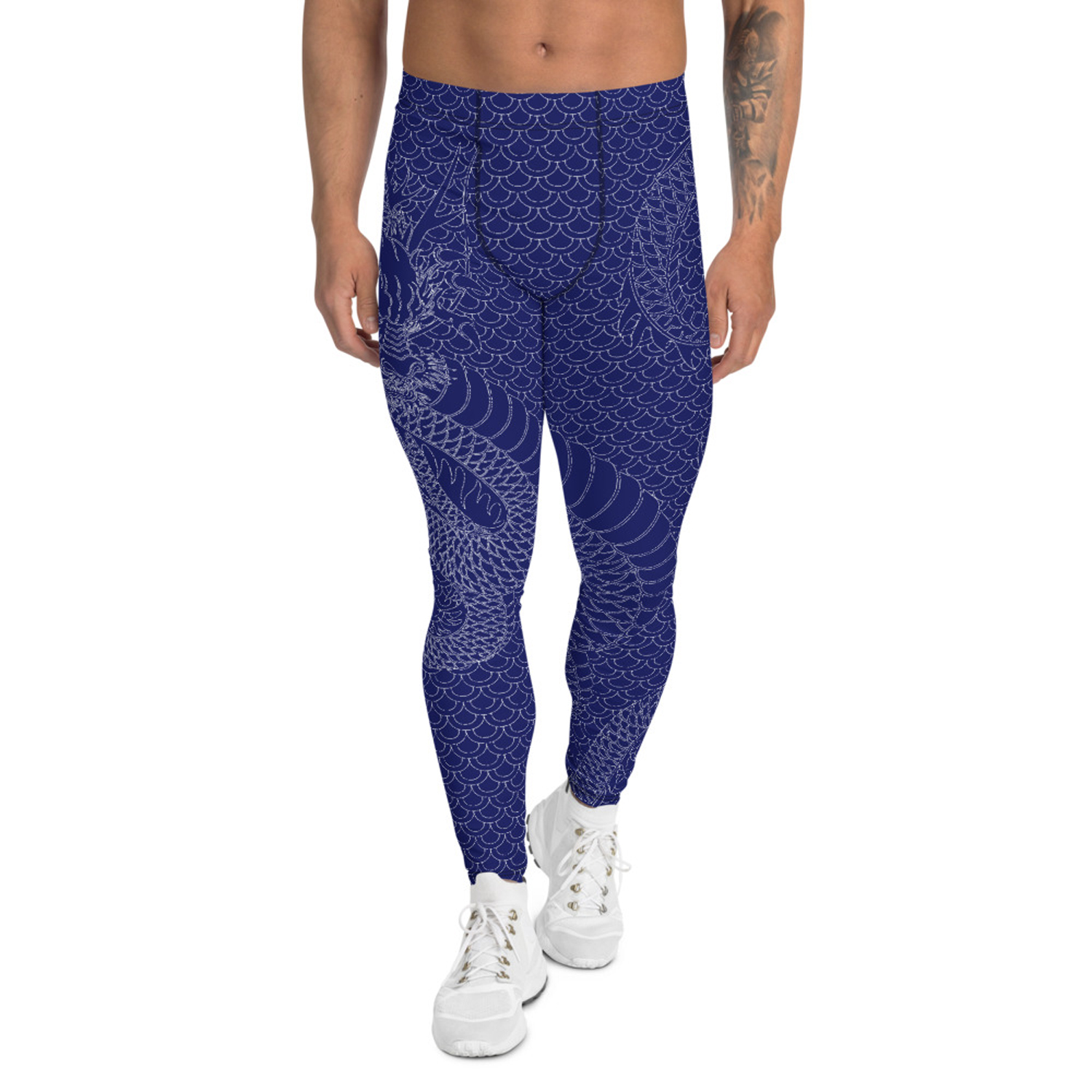 A pair of navy blue Dragon Leggings for men, showcasing a fitted design with a high-performance fabric blend, ideal for various athletic activities.