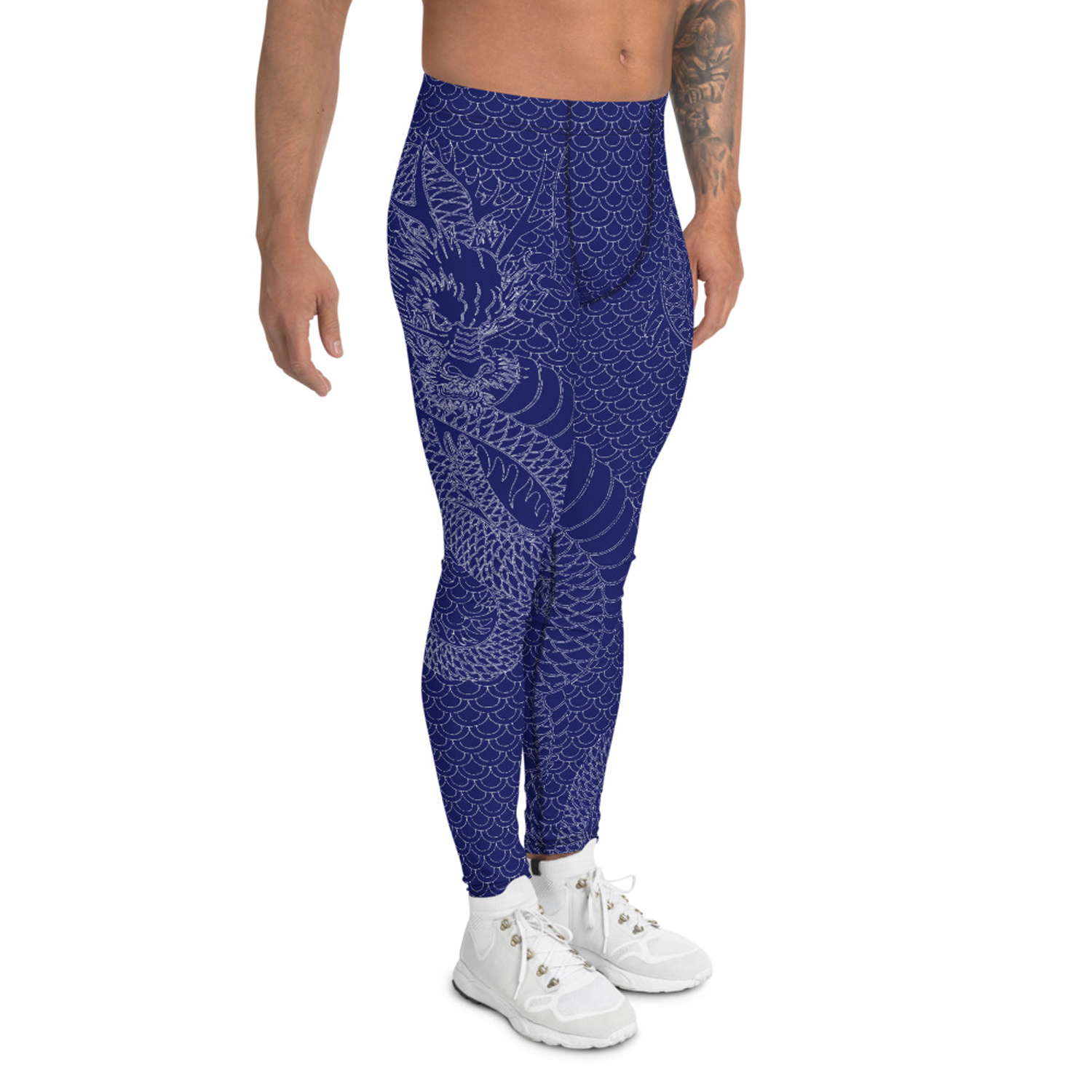 A pair of navy blue Dragon Leggings for men, showcasing a fitted design with a high-performance fabric blend, ideal for various athletic activities.