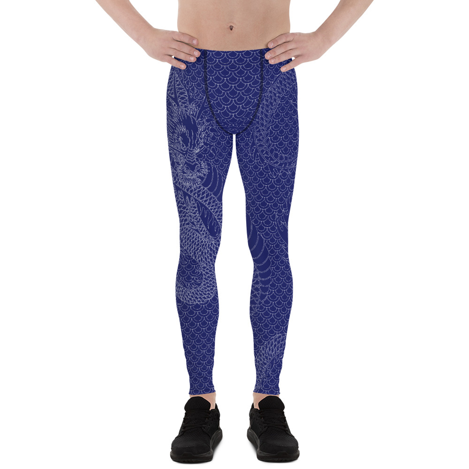 A pair of navy blue Dragon Leggings for men, showcasing a fitted design with a high-performance fabric blend, ideal for various athletic activities.