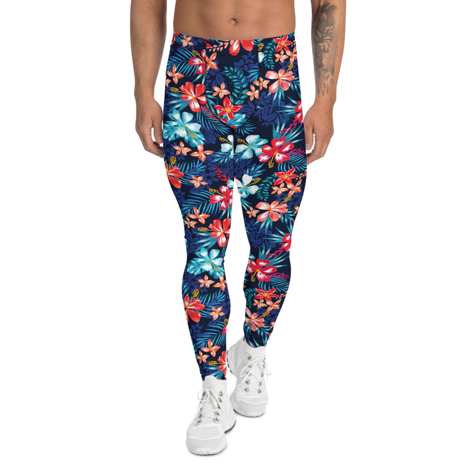 Men's Floral Hibiscus Leggings featuring a vibrant floral print, made from a high-performance fabric blend for comfort and flexibility during workouts.