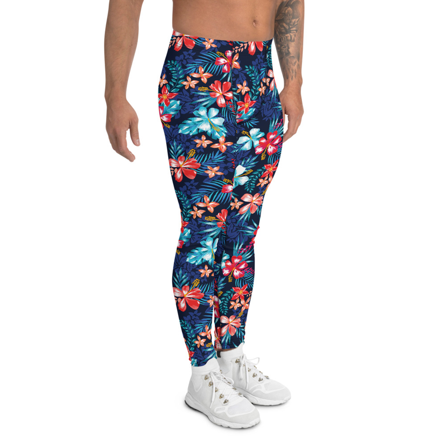 Men's Floral Hibiscus Leggings featuring a vibrant floral print, made from a high-performance fabric blend for comfort and flexibility during workouts.