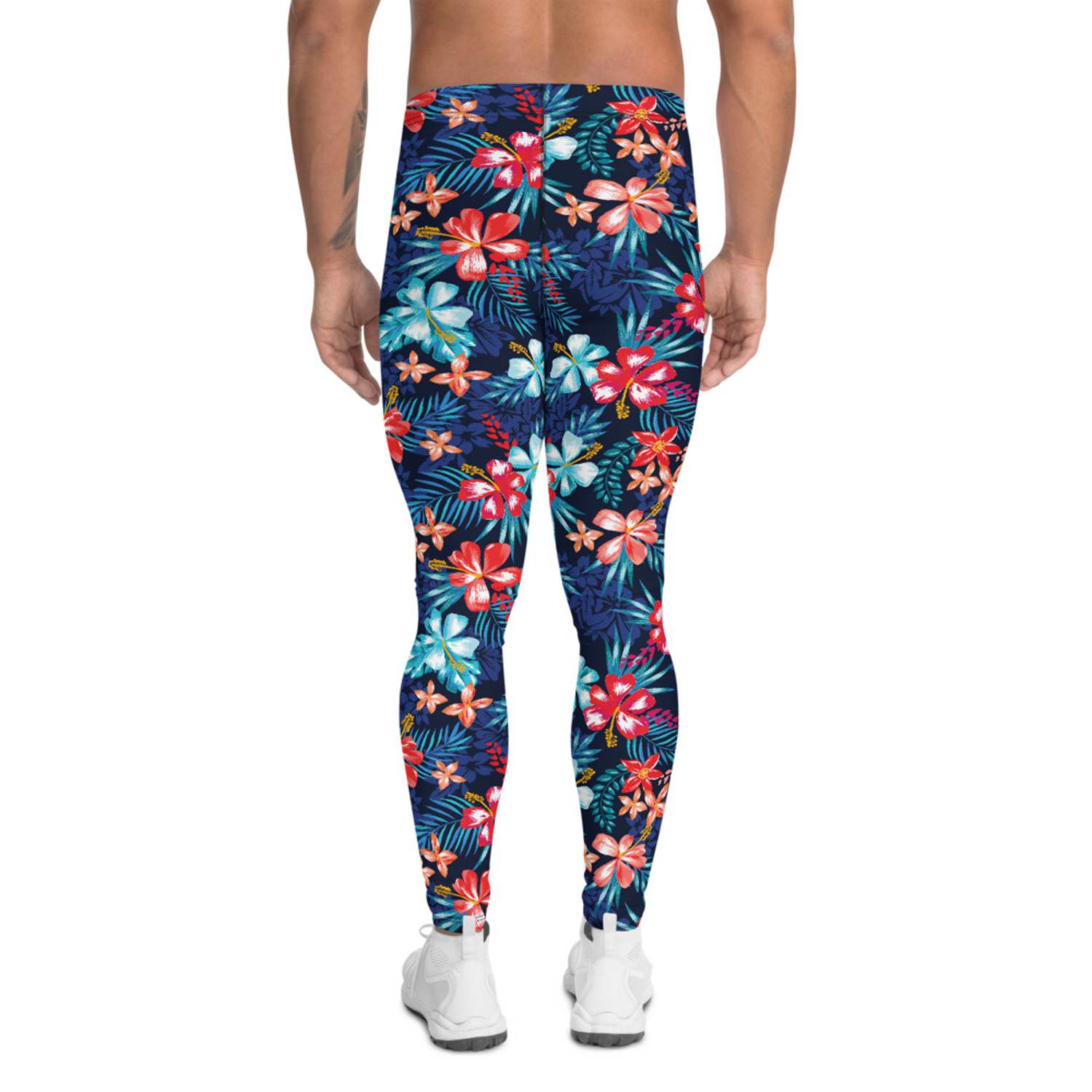 Men's Floral Hibiscus Leggings featuring a vibrant floral print, made from a high-performance fabric blend for comfort and flexibility during workouts.