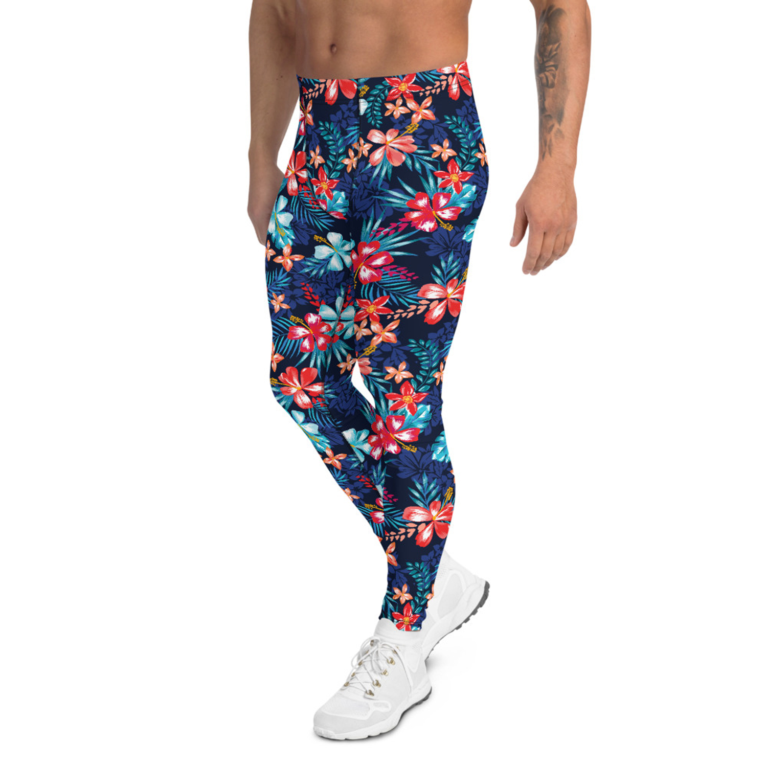 Men's Floral Hibiscus Leggings featuring a vibrant floral print, made from a high-performance fabric blend for comfort and flexibility during workouts.