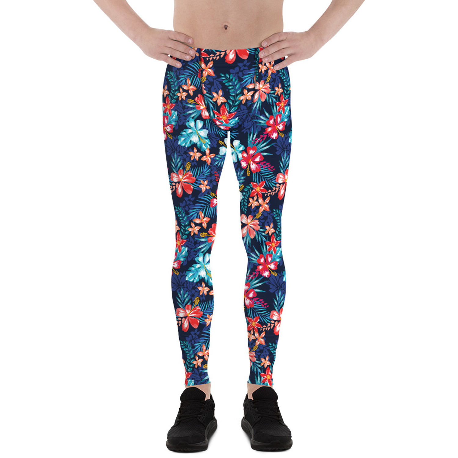 Men's Floral Hibiscus Leggings featuring a vibrant floral print, made from a high-performance fabric blend for comfort and flexibility during workouts.