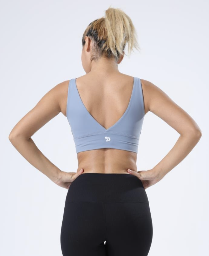 HauteD DK Victory Sports Bra featuring a deep V back design, providing stylish support for workouts.