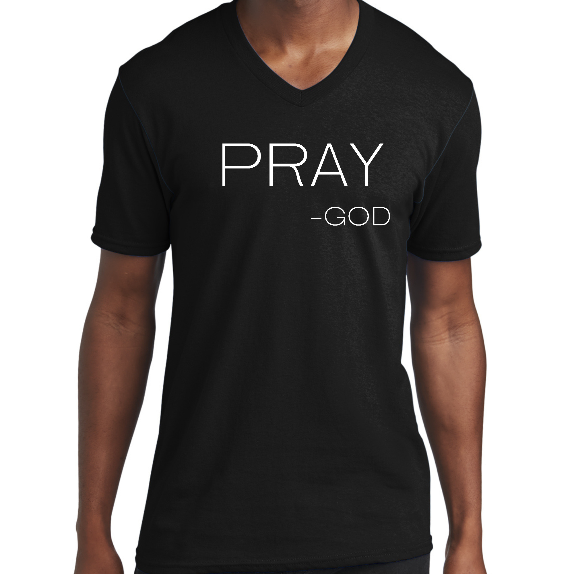 Men's Graphic V-neck T-shirt featuring a bold 'Pray-God' statement design, crafted from soft cotton fabric for comfort and style.