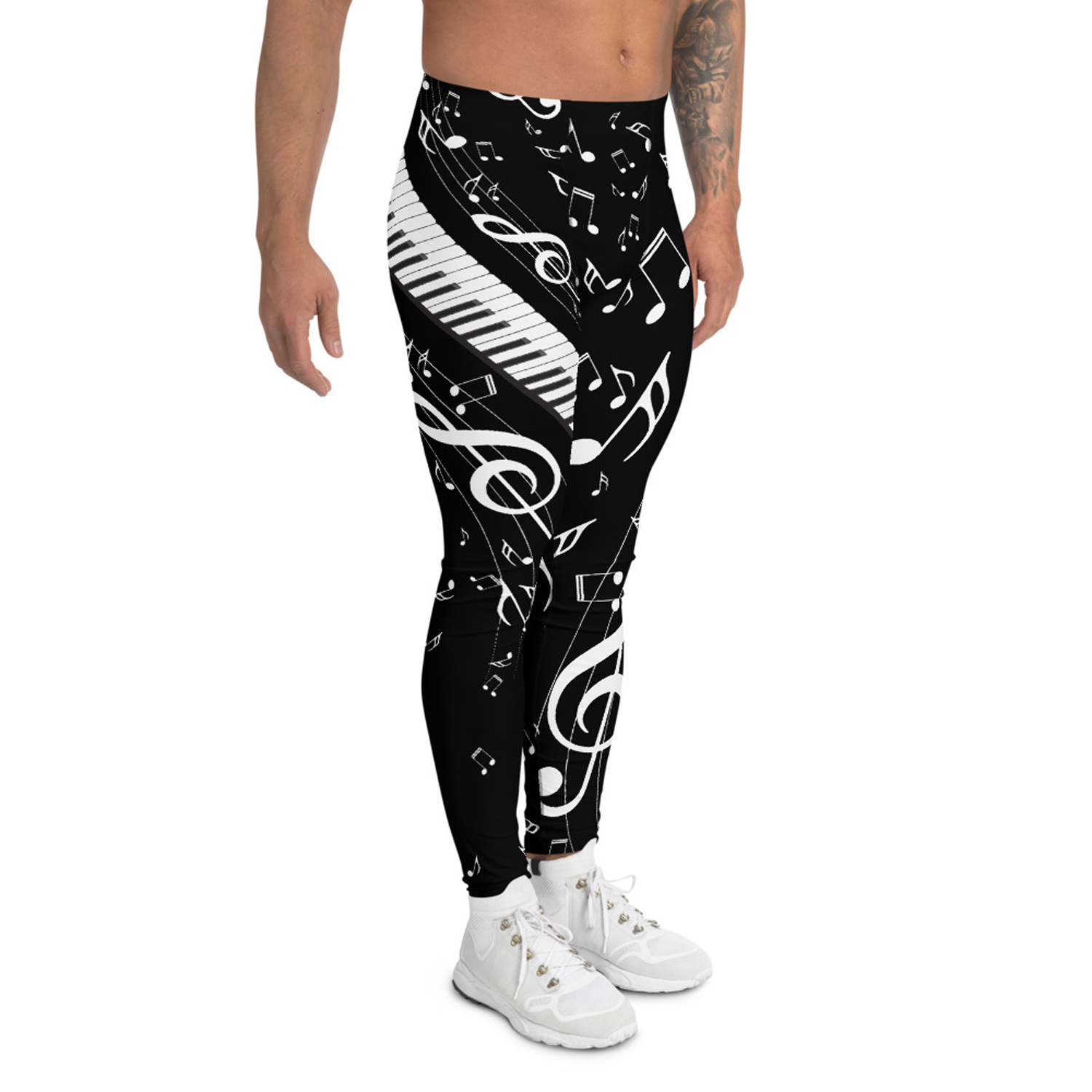 A pair of black leggings for men featuring a stylish music notes print, designed for comfort and performance during various activities.