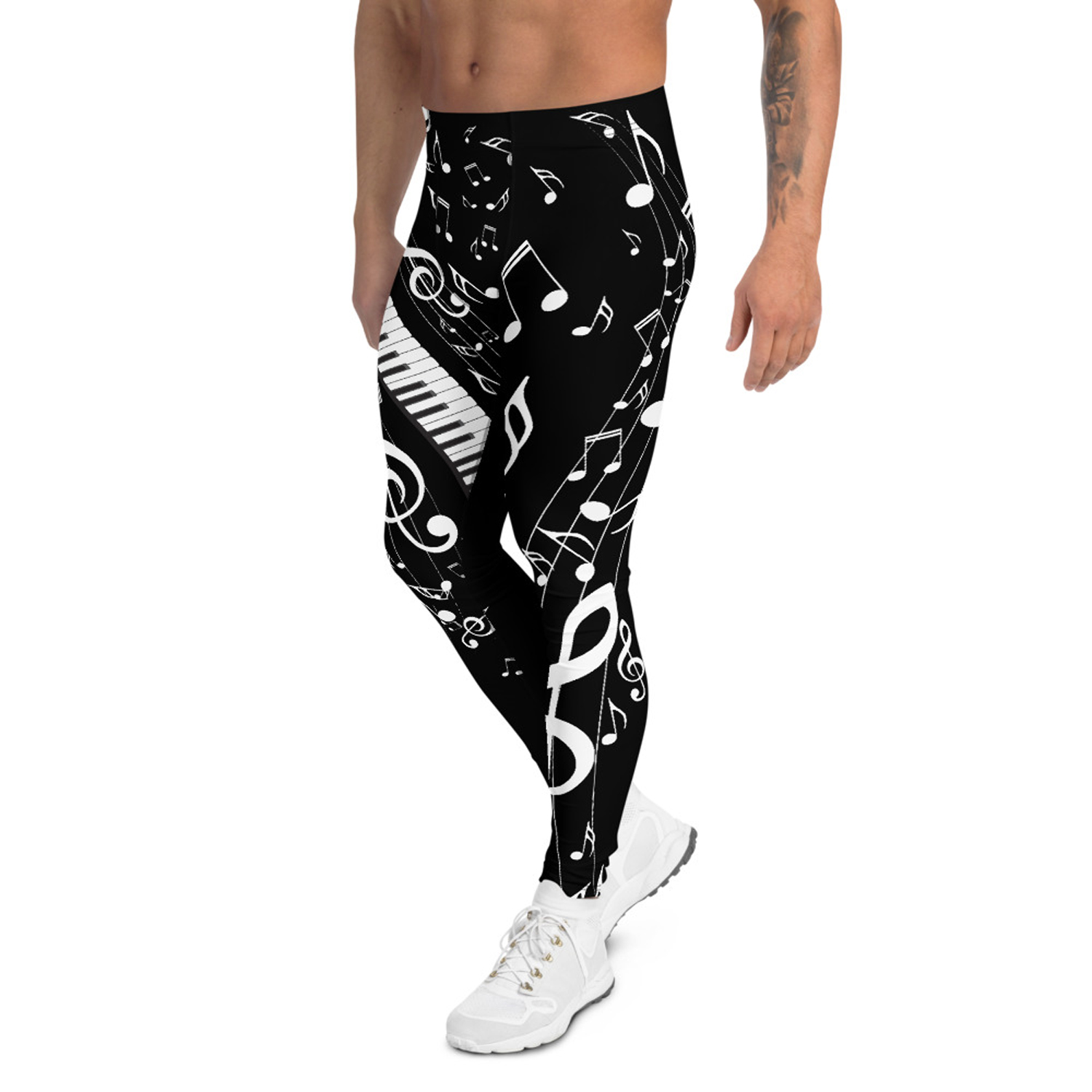 A pair of black leggings for men featuring a stylish music notes print, designed for comfort and performance during various activities.