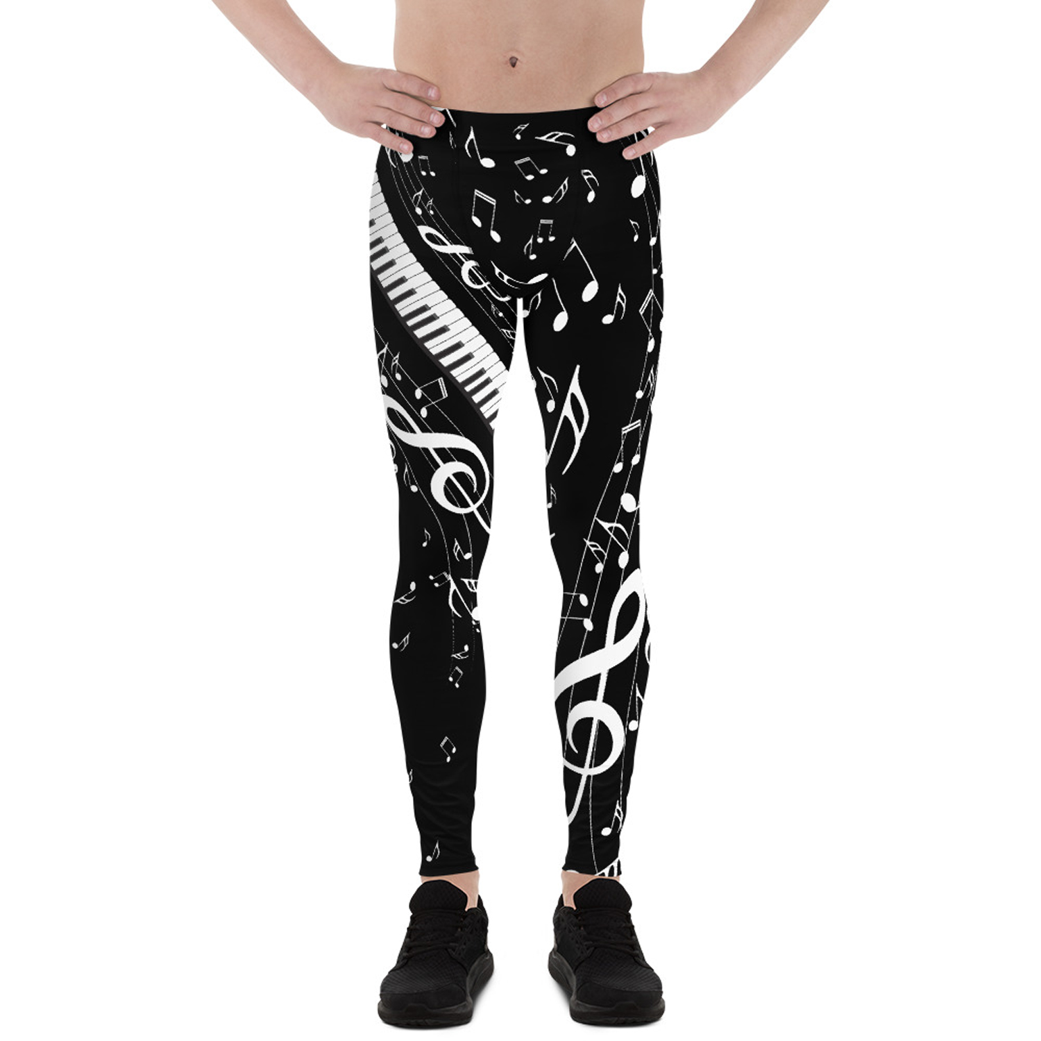 A pair of black leggings for men featuring a stylish music notes print, designed for comfort and performance during various activities.