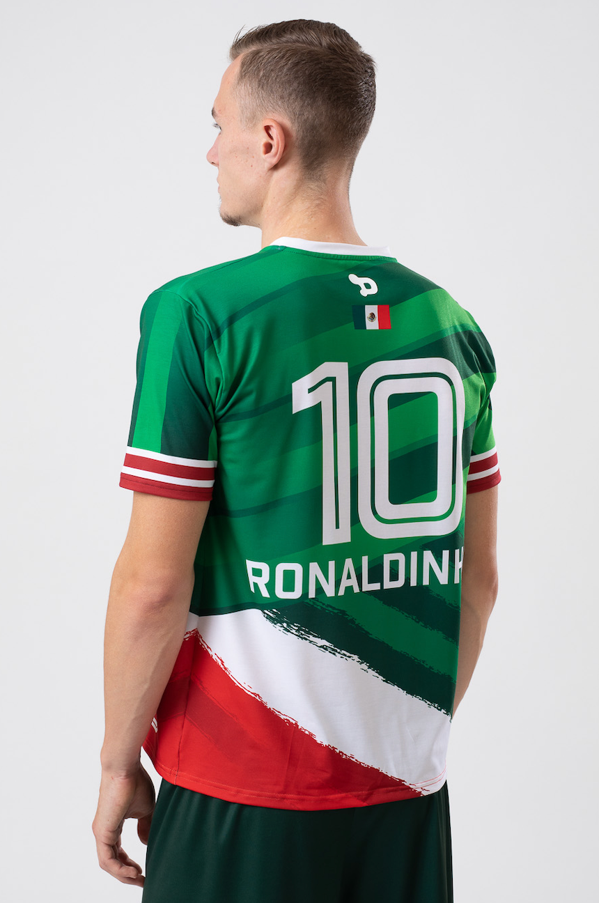 Ronaldinho Mexico Jersey featuring a classic V-neck design, woven badge with Ronaldinho's silhouette, and soft polyester/elastane blend fabric.