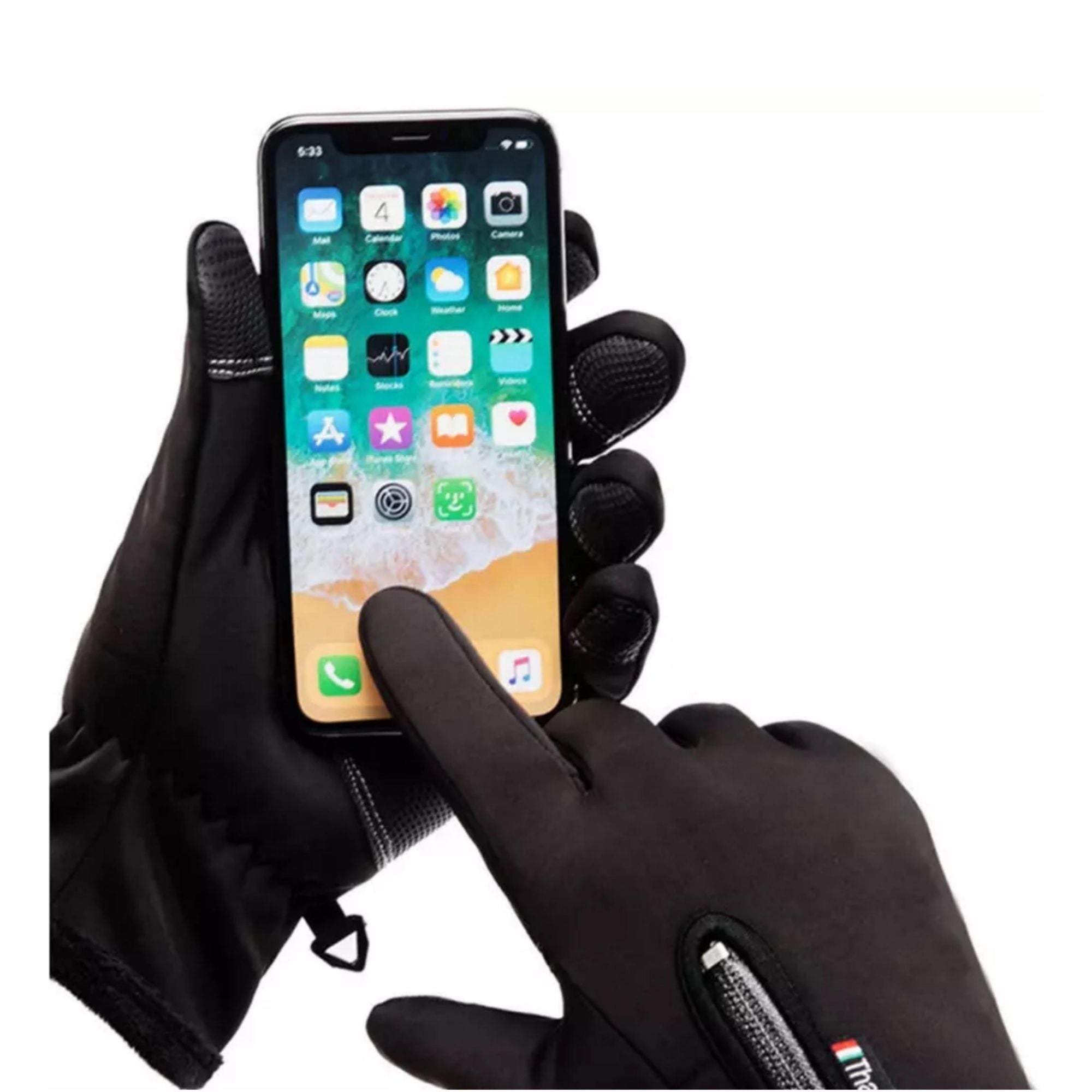 A pair of waterproof touch screen thermal gloves designed for cold weather, featuring E-tip technology on the forefinger and thumb for device use.