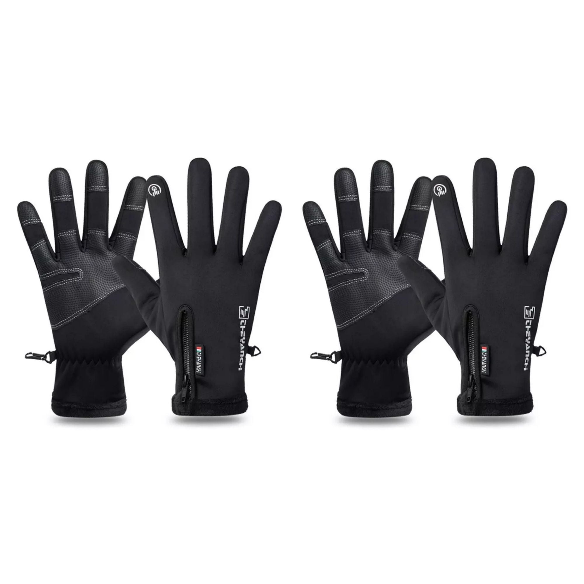 A pair of waterproof touch screen thermal gloves designed for cold weather, featuring E-tip technology on the forefinger and thumb for device use.