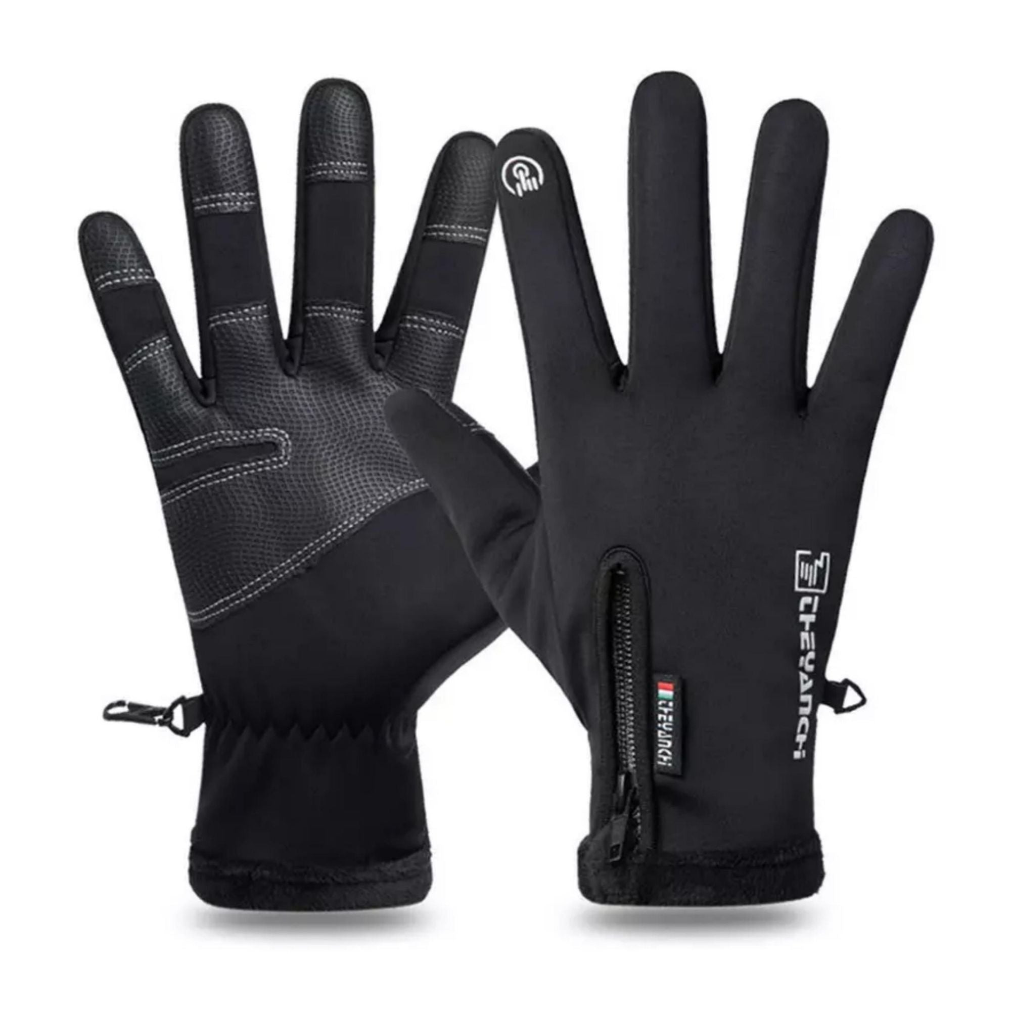 A pair of waterproof touch screen thermal gloves designed for cold weather, featuring E-tip technology on the forefinger and thumb for device use.