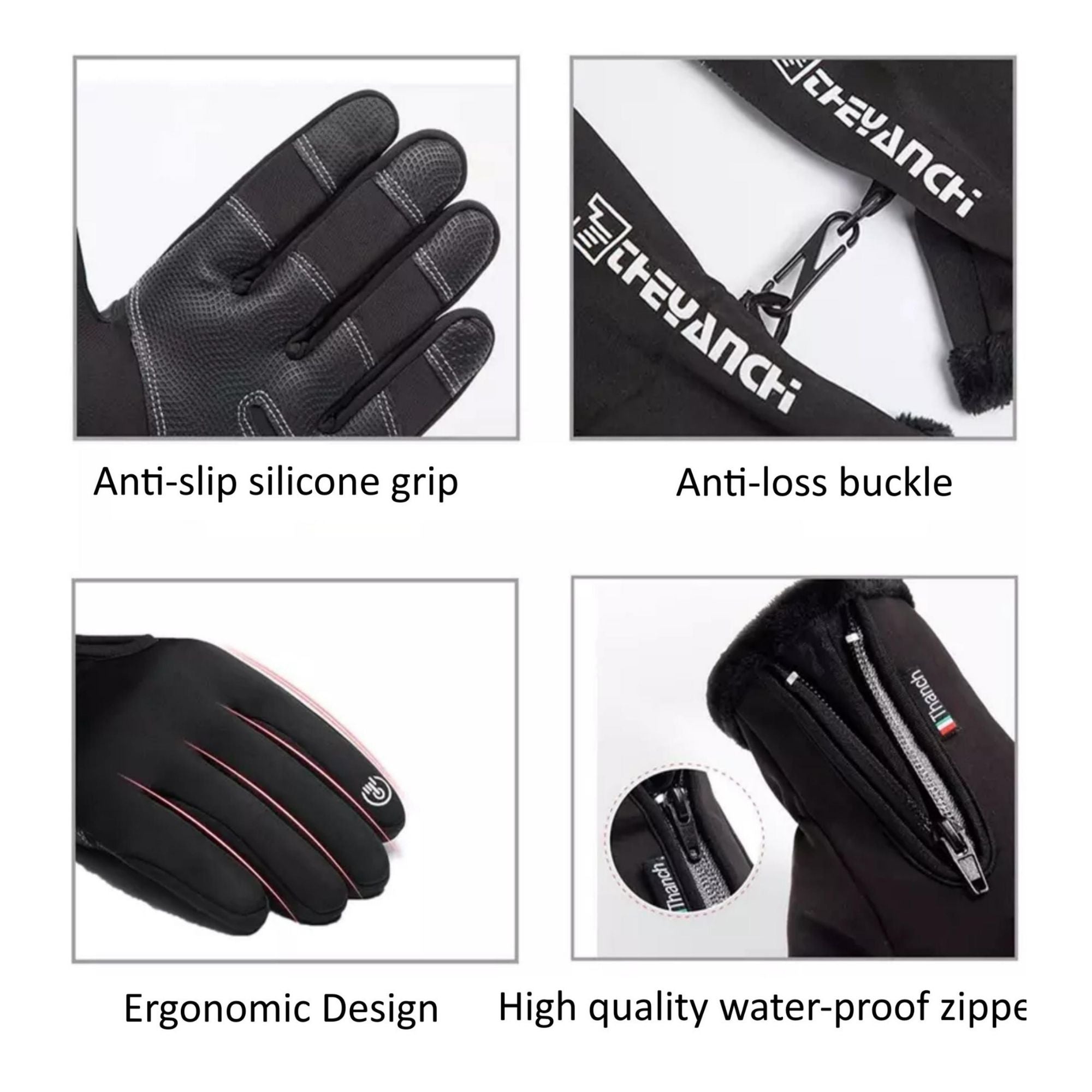 A pair of waterproof touch screen thermal gloves designed for cold weather, featuring E-tip technology on the forefinger and thumb for device use.