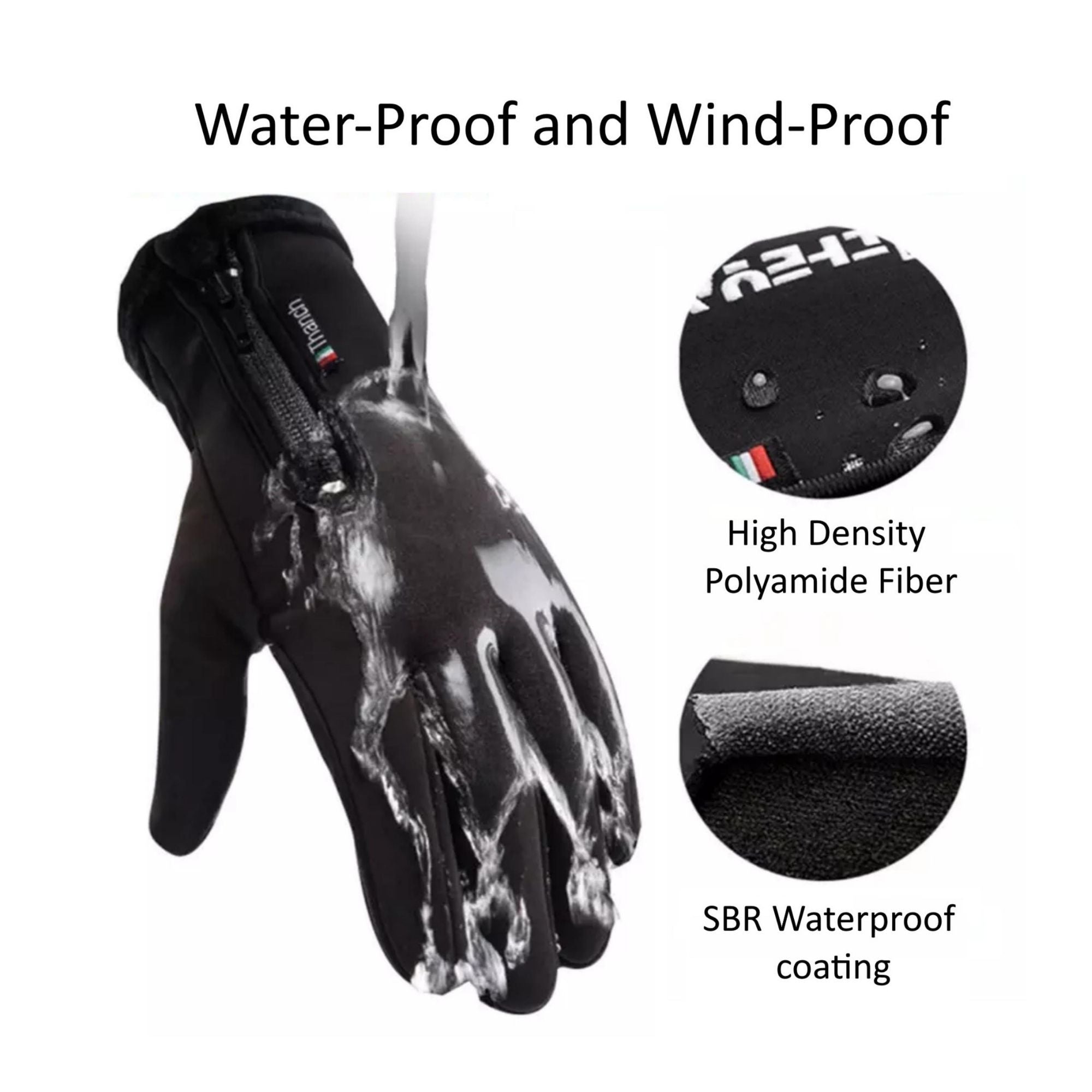 A pair of waterproof touch screen thermal gloves designed for cold weather, featuring E-tip technology on the forefinger and thumb for device use.