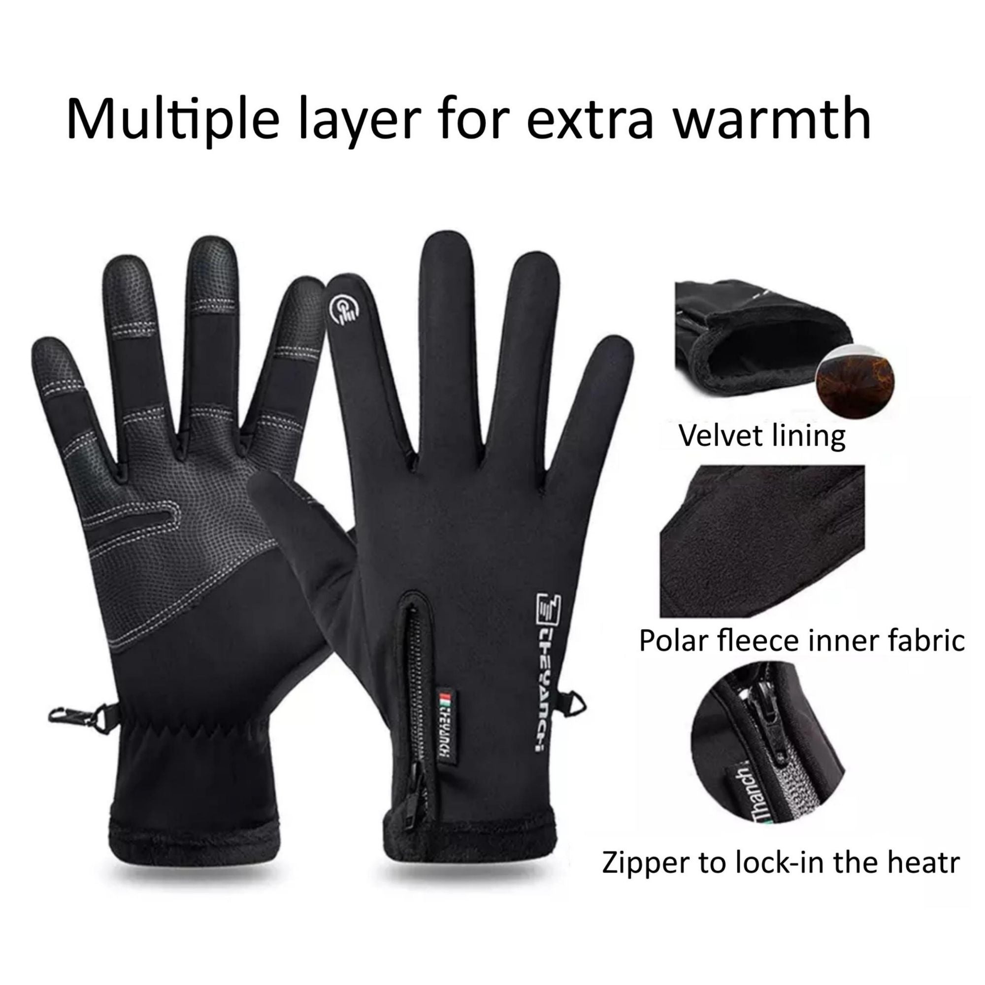 A pair of waterproof touch screen thermal gloves designed for cold weather, featuring E-tip technology on the forefinger and thumb for device use.