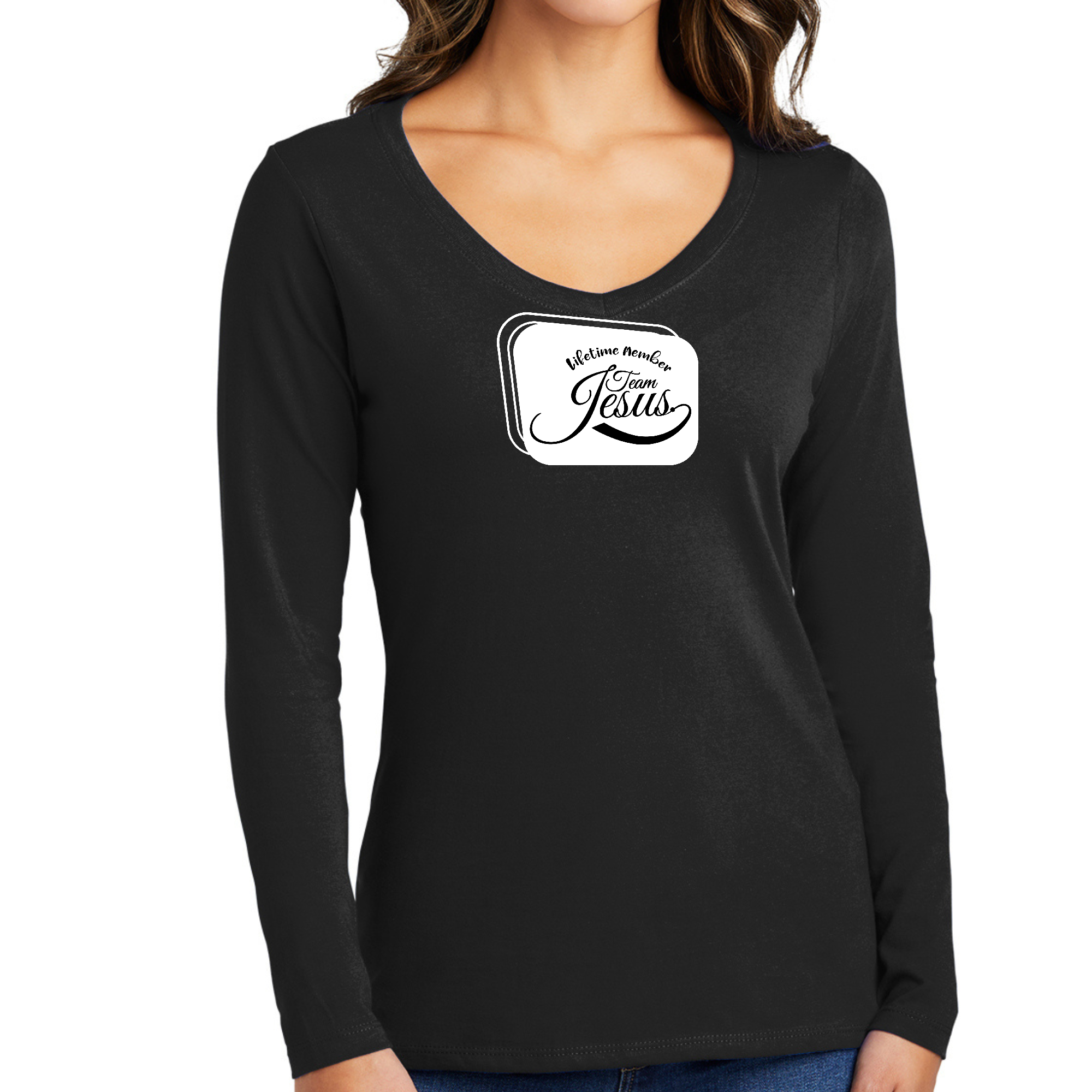 Women's Long Sleeve V-neck Graphic T-shirt featuring 'Lifetime Member Team Jesus' design in vibrant colors, made from soft preshrunk cotton.