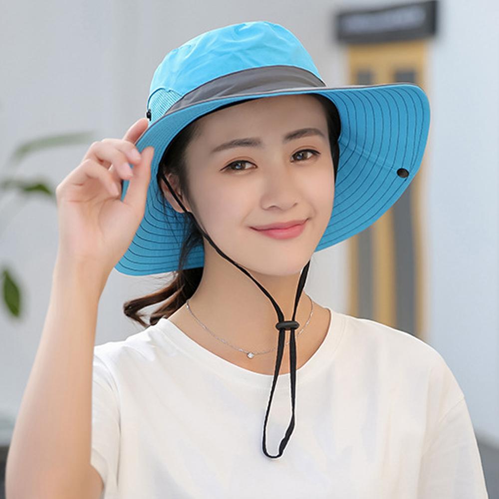 Women's UV Protection Wide Brim Sun Hat in vibrant colors with a ponytail hole, showcasing breathable mesh and adjustable drawstring.