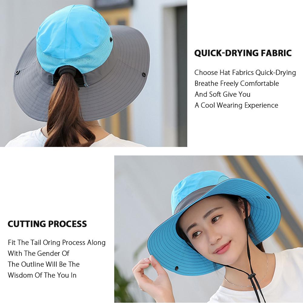 Women's UV Protection Wide Brim Sun Hat in vibrant colors with a ponytail hole, showcasing breathable mesh and adjustable drawstring.